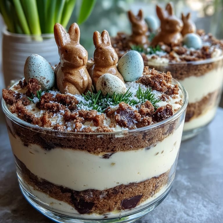 Kid-friendly Easter Bunny Dirt Cups for Kids dessert with chocolate pudding, crushed cookies, and colorful candy eggs in clear cups.