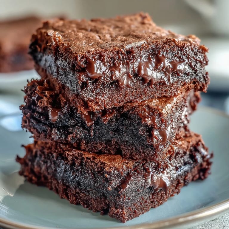 Close-up view of sliced sourdough brownies showing the crackly top and moist chocolate interior.