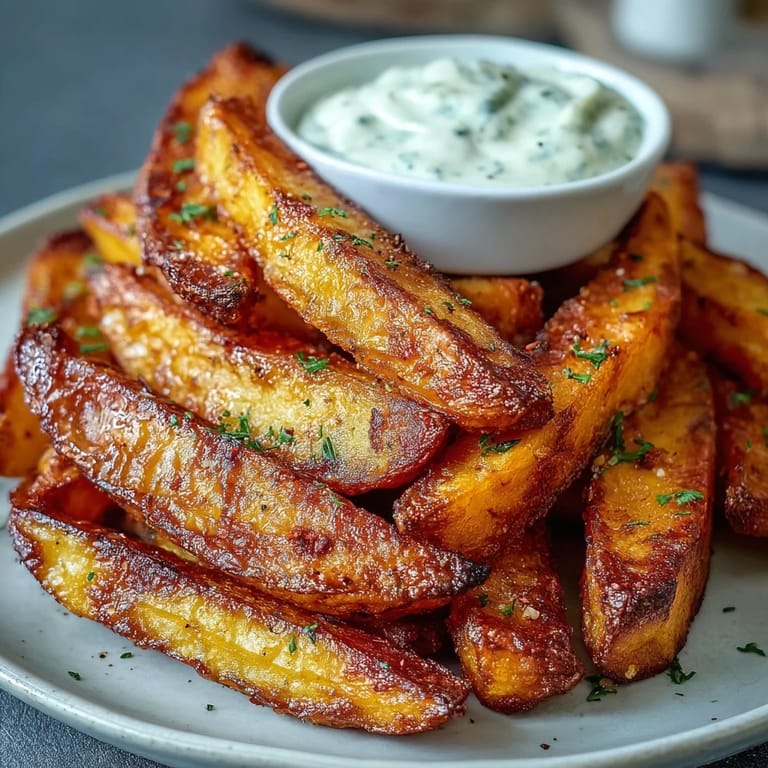 Golden sweet potato fries cooked to perfection in the air fryer, paired with zesty garlic aioli for a flavorful snack.