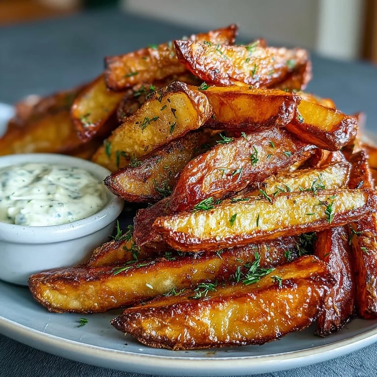 Air-fried sweet potato fries with a light cornstarch coating, served hot alongside homemade garlic aioli for a tasty side dish.