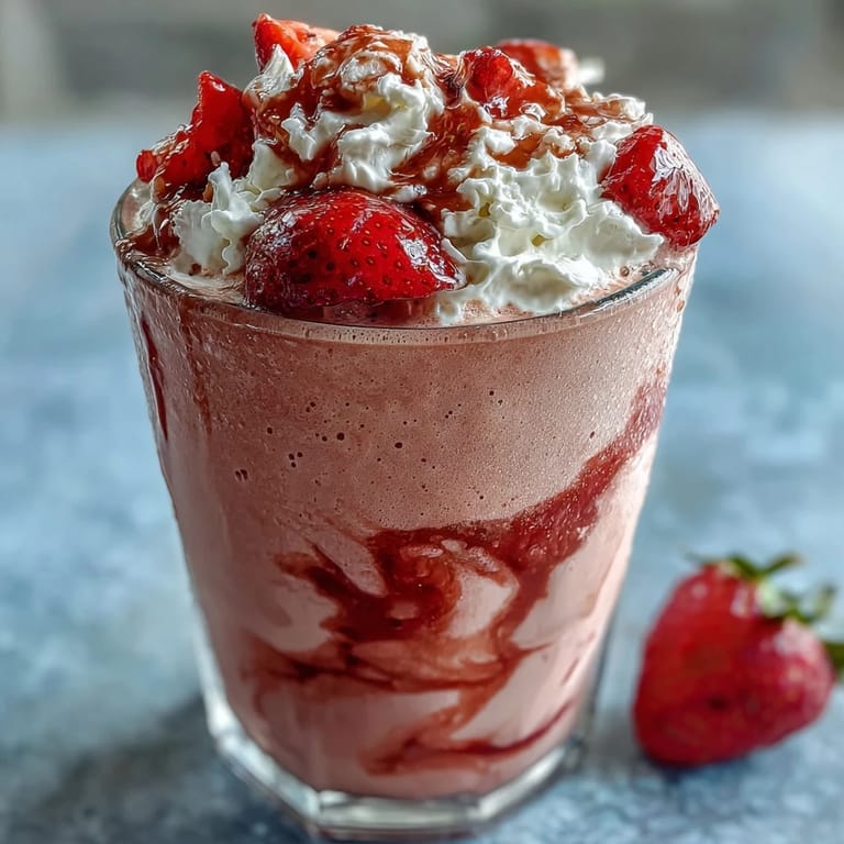 A vibrant, thick smoothie bursting with fresh strawberries, banana, and vanilla, offering a nutritious and delicious post-workout boost.