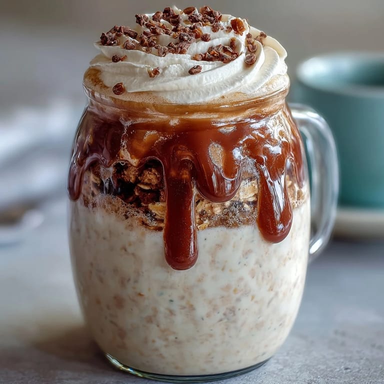 A decadent Vanilla Bean Frappuccino Overnight Oats Dessert Jar featuring espresso-infused oats and chocolate chip garnish.