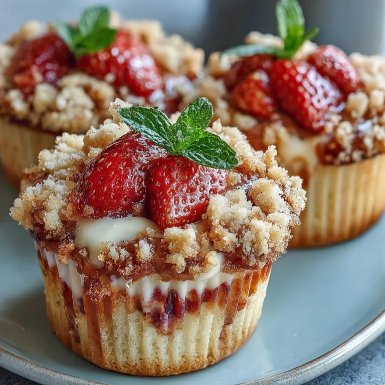 Golden crumble-topped strawberry muffins bursting with juicy fruit, ideal for brunch or a snack.