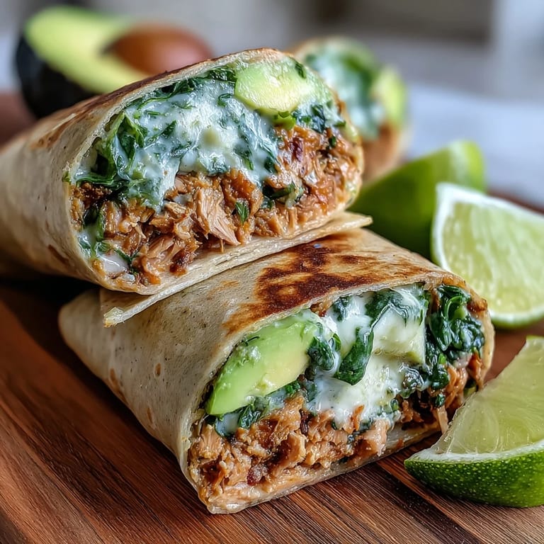 Protein-packed tuna and avocado wraps with vibrant spinach, offering a satisfying, easy-to-make dish ideal for busy weeknights.