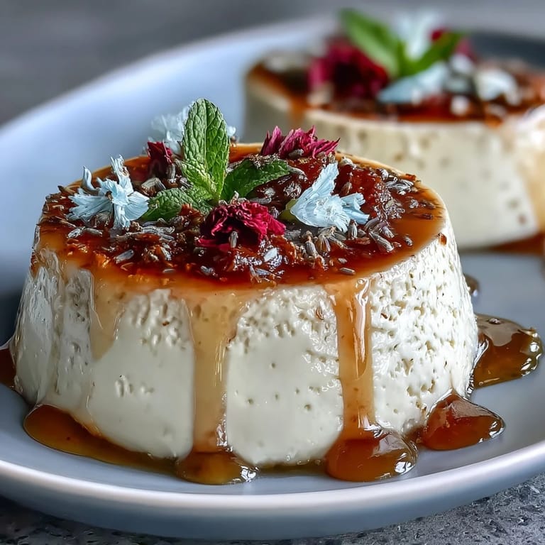 Silky lavender-infused panna cotta drizzled with golden honey, served chilled in elegant glasses for a refreshing treat.  