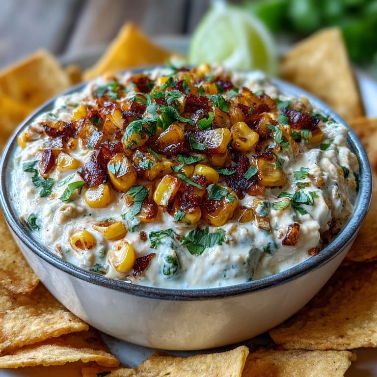 Mexican elote dip featuring smoky grilled corn, jalapeño, and cilantro, perfect for scooping up with golden tortilla chips.