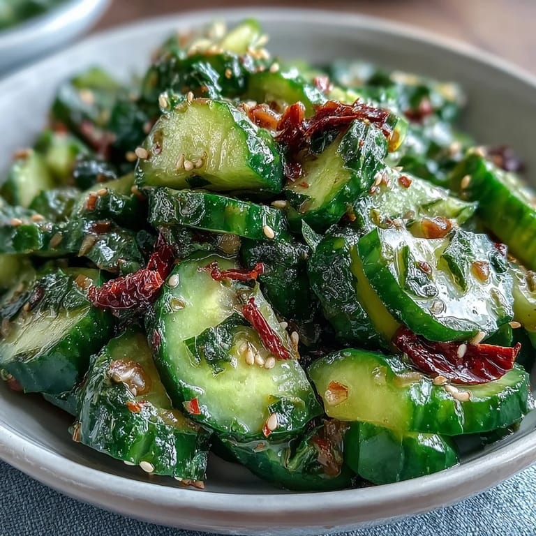 Refreshing smashed cucumber salad bursting with garlicky heat, garnished with scallions and cilantro for an Asian-inspired appetizer.