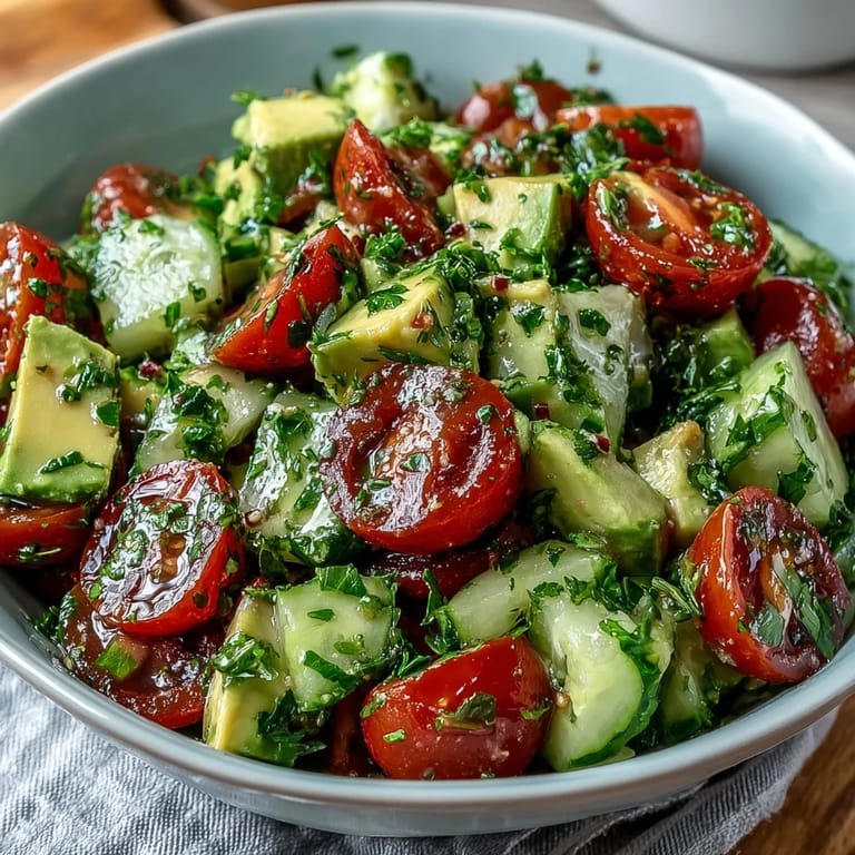 Refreshing summer salad with crisp cucumbers, juicy tomatoes, and smooth avocado tossed in a tangy lemon dressing.  