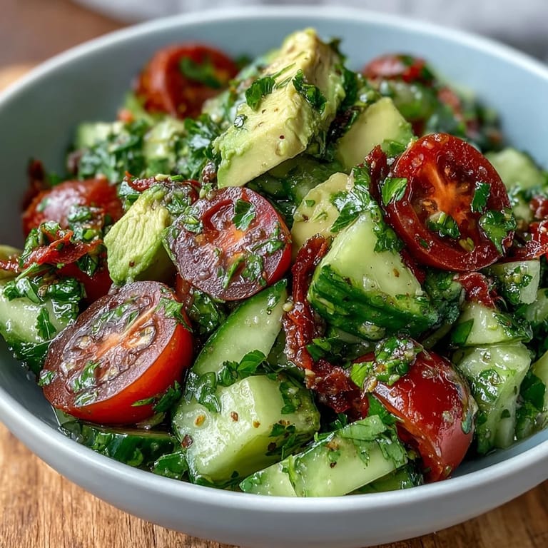 Bright and healthy cucumber tomato avocado salad with zesty lemon dressing, perfect for a light vegetarian lunch or side dish.