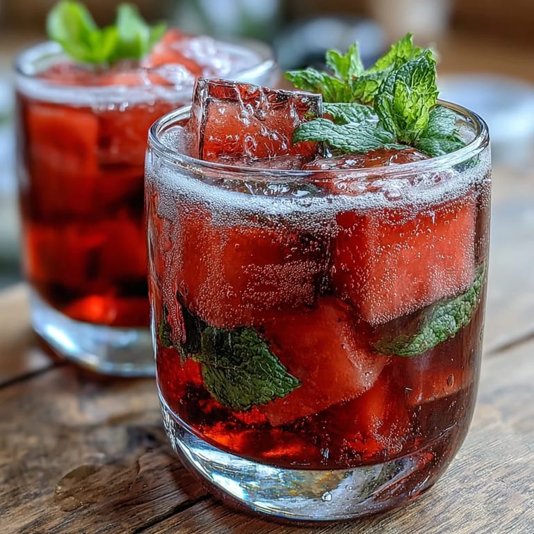 Chilled watermelon mint vodka spritz mocktail garnished with mint sprigs and watermelon wedges