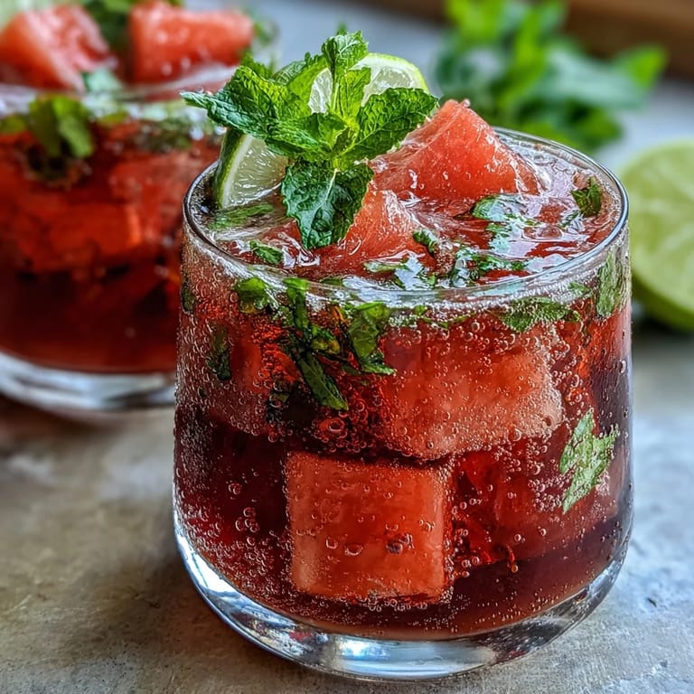 Bright pink watermelon mint vodka spritz mocktail with lime slices and sparkling water