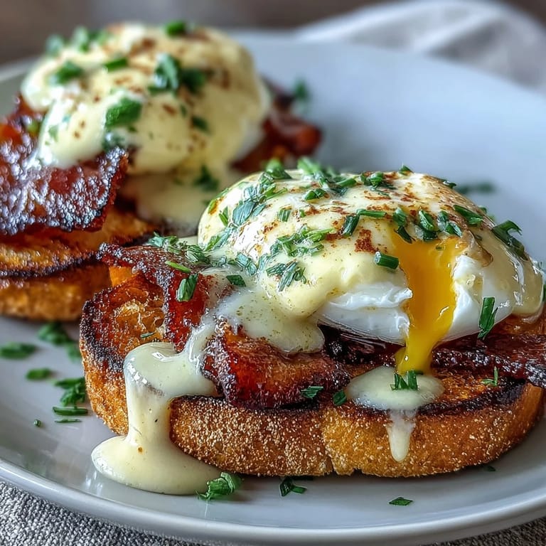 Elegant brunch dish featuring perfectly poached eggs, savory Canadian bacon, and velvety hollandaise sauce over warm English muffins.
