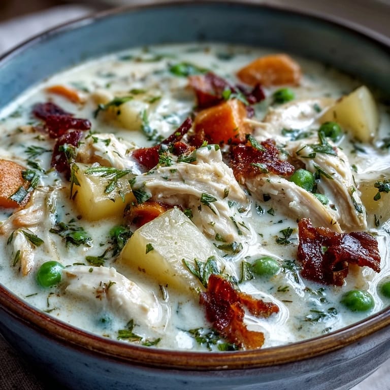 Cozy chicken pot pie soup with hearty potatoes, carrots, and a rich, creamy base.