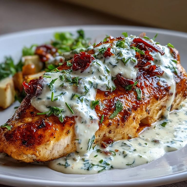 Restaurant-style Creamy Tuscan Chicken with aromatic herbs and wilted spinach in a velvety sauce
