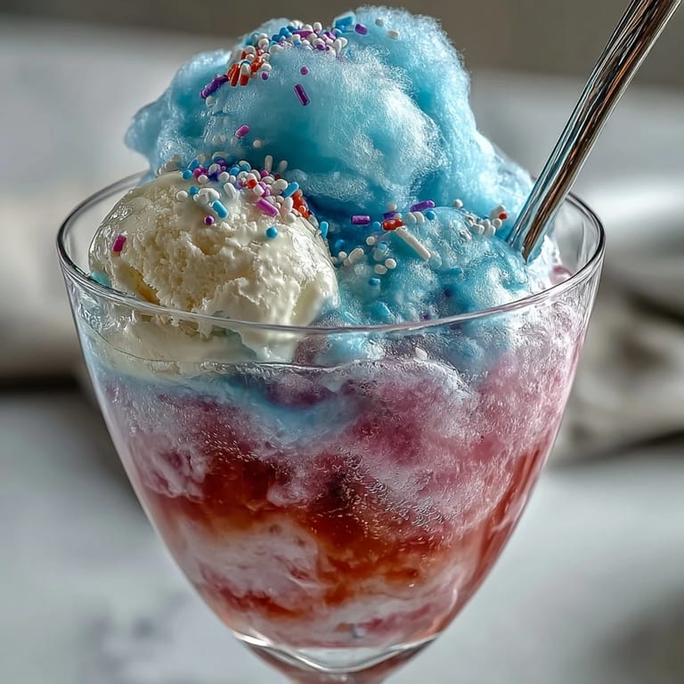 Creamy vanilla ice cream melting into fizzy lemonade, topped with fluffy pink cotton candy for a dreamy party drink.