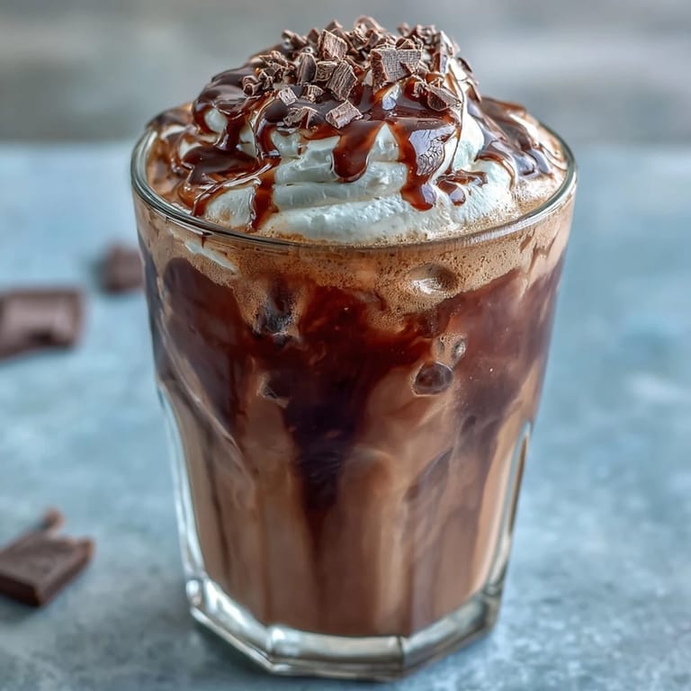 Velvety chocolate cream floats atop chilled cold brew coffee, garnished with chocolate syrup drizzle.