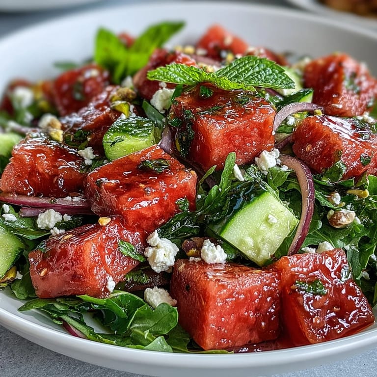 Vibrant Watermelon and Arugula Salad with crisp cucumber, peppery arugula, and tangy feta, topped with a bright lime vinaigrette.  
