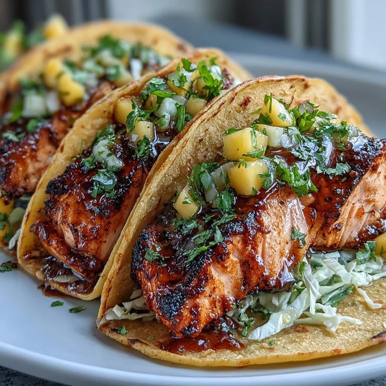 Vibrant grilled salmon tacos loaded with juicy mango salsa, crunchy cabbage, and a squeeze of fresh lime.  
