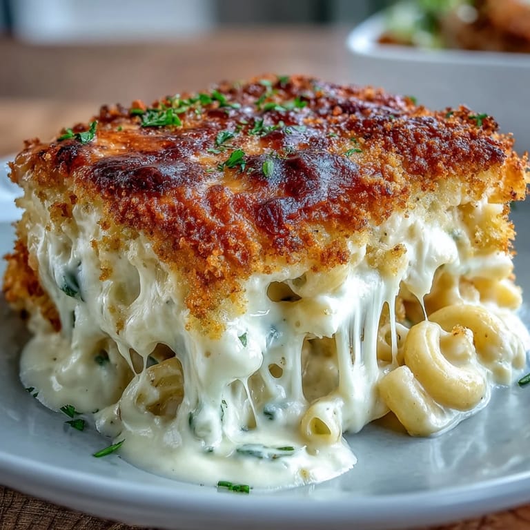 Rich and creamy mac and cheese casserole, featuring melted cheddar and a crunchy golden crust.