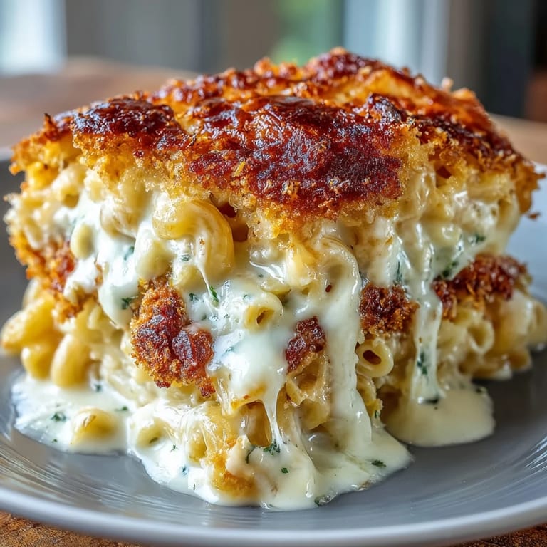 Velvety baked macaroni and cheese, topped with crispy breadcrumbs, served hot and comforting.  