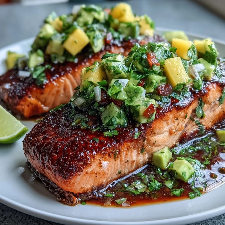 Colorful mango avocado salsa adds tropical freshness to oven-baked salmon fillets for a light meal.