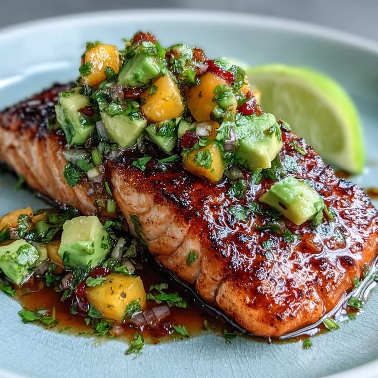 Juicy mango and creamy avocado salsa brighten tender baked salmon in this easy, flavorful dish.  