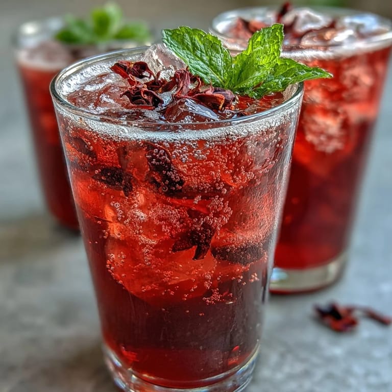 Refreshing Sparkling Hibiscus Mint Lemonade Mocktail served over ice.