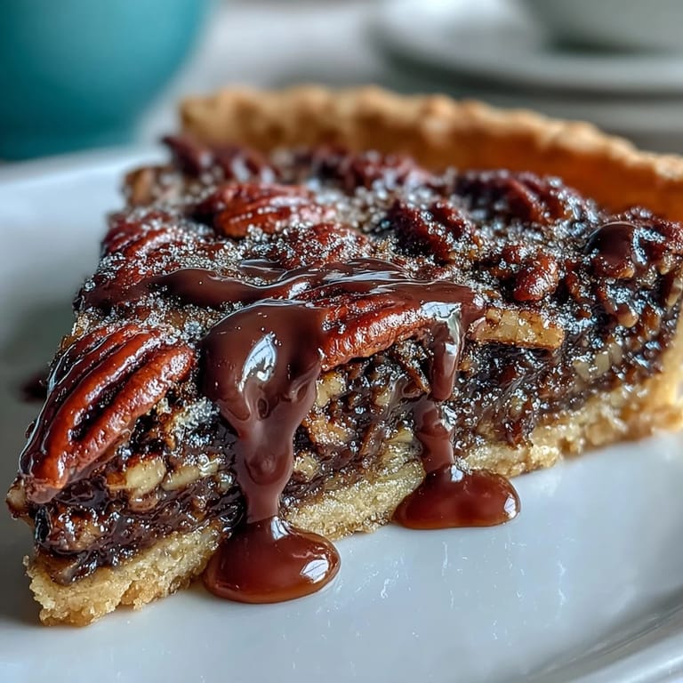 Southern-inspired chocolate bourbon pecan tart nestled in golden pie crust.