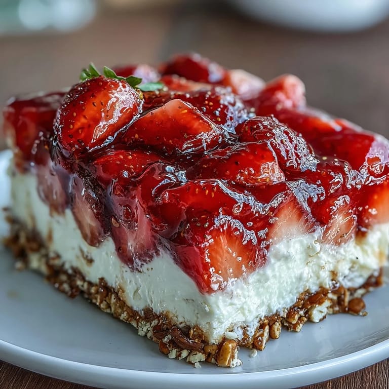 Close-up of Memorial Day Strawberry Pretzel Salad dessert, showcasing vibrant strawberry gelatin.