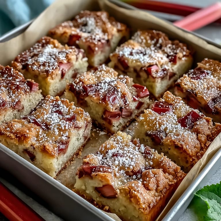 Delicious baked Rhubarb Custard Bars dusted with powdered sugar, a springtime treat.