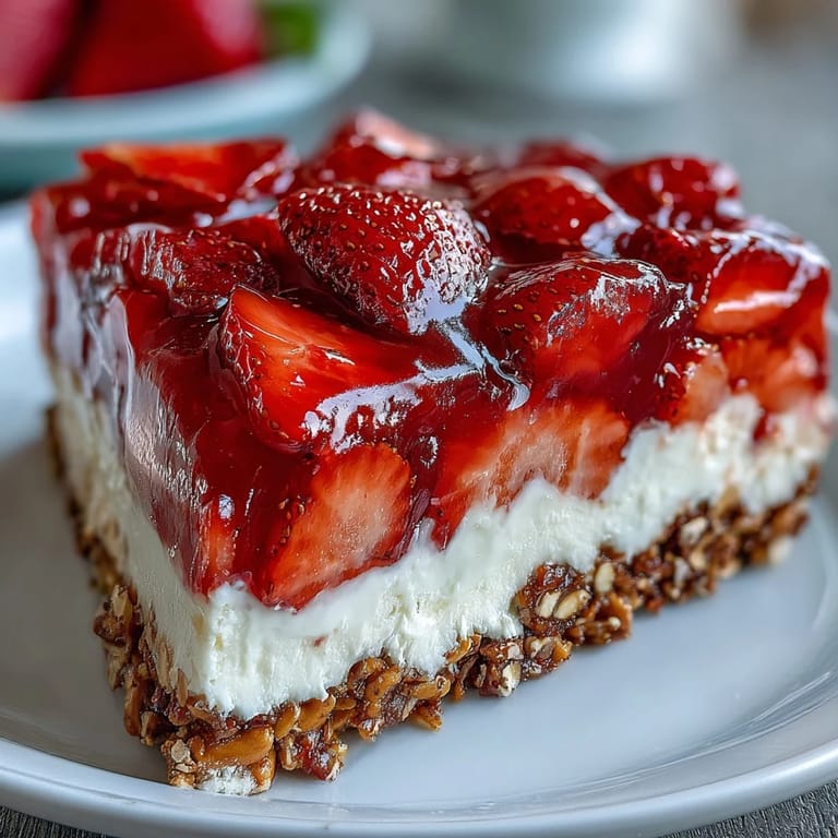 Festive Strawberry Pretzel Salad dessert, a layered sweet and salty treat ready for parties.