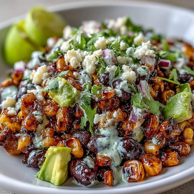 Beautifully plated grilled corn and black bean taco salad; perfect side dish for any meal.