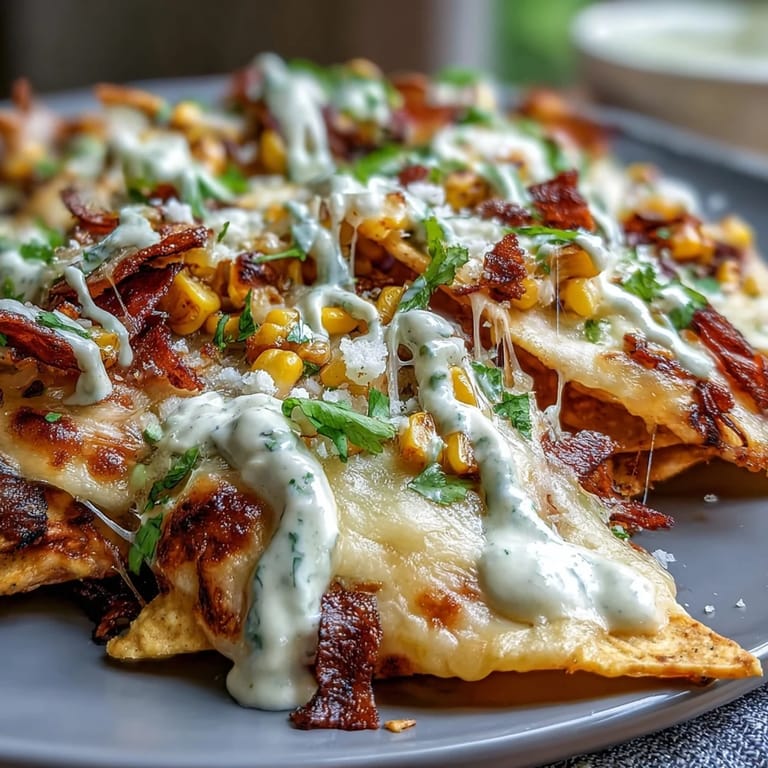 Close-up of festively topped Elote Nachos, ready for dipping with lime wedges.