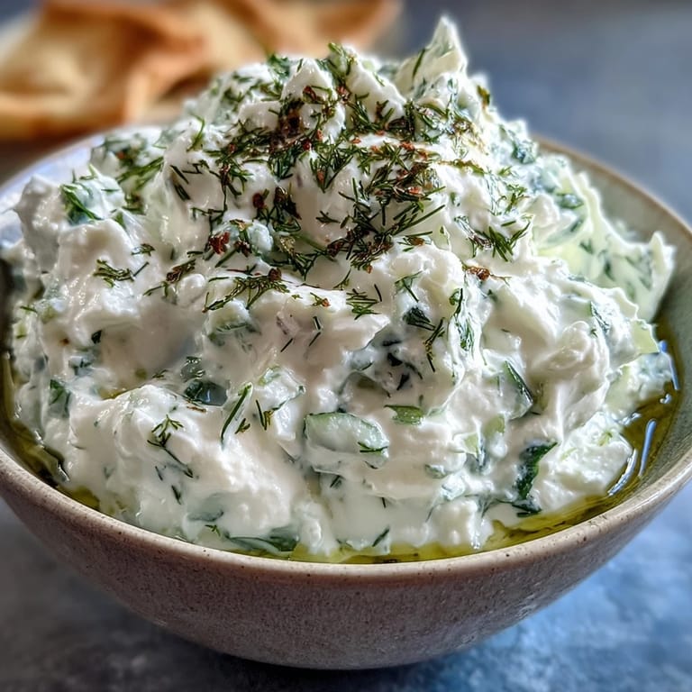 Refreshing Greek Skyr Tzatziki, a tangy, cool dip perfect with pita.