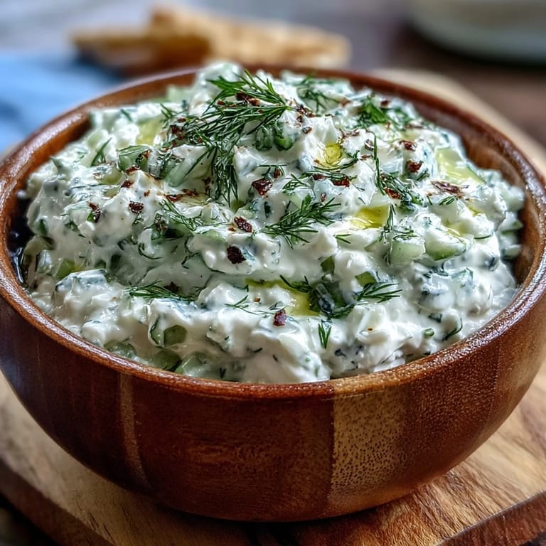 Vibrant Greek Skyr Tzatziki, bursting with lemon, garlic, and dill flavors beautifully.
