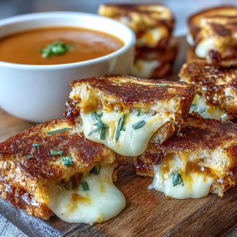Closeup of golden mini grilled cheese dippers ready for dipping into tomato soup.