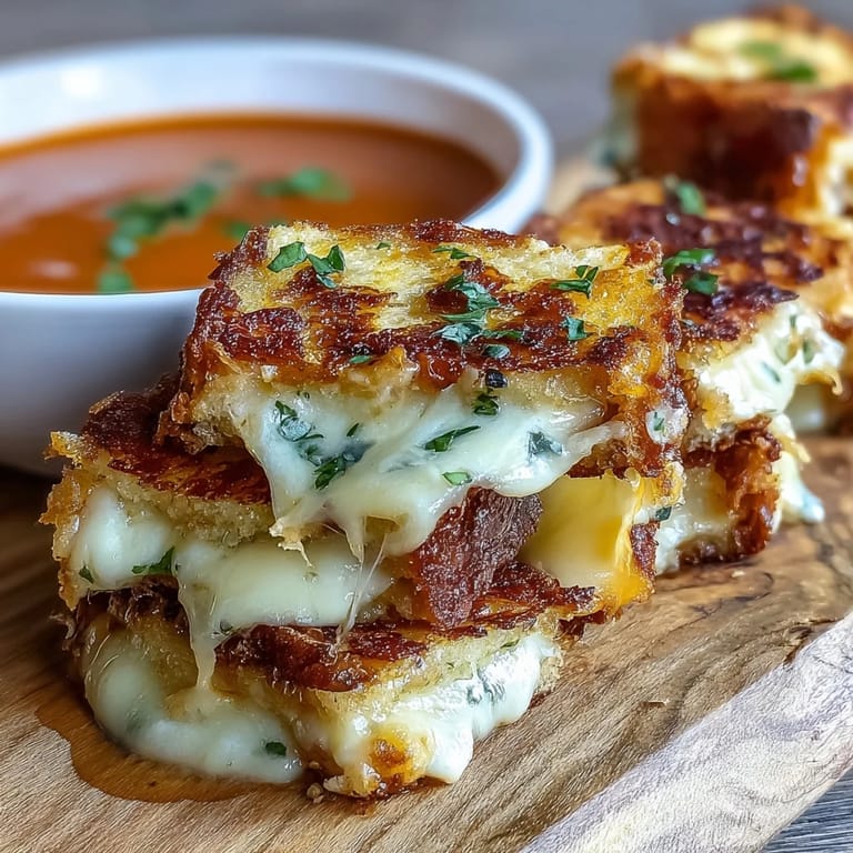 Deliciously cheesy mini grilled cheese dippers beside a bowl of steamy tomato soup.