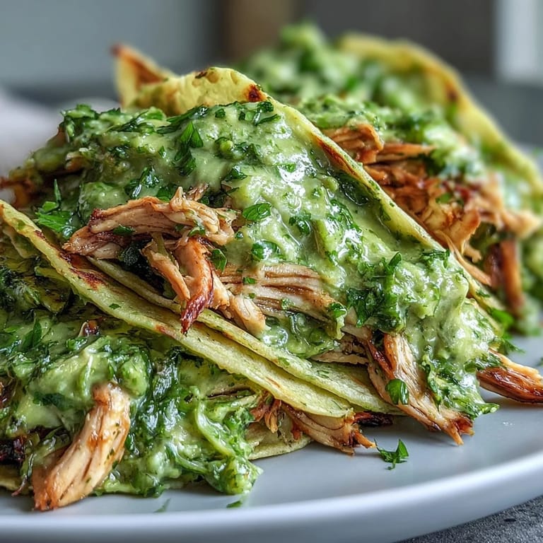 Juicy shredded chicken in salsa verde, ready for taco night.