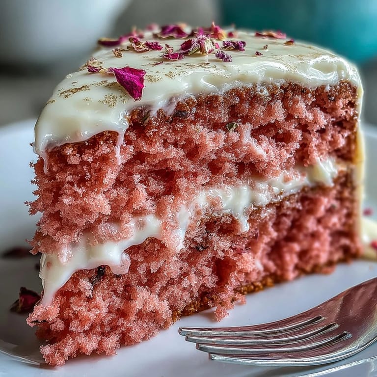 Slice of pink Rosé Velvet Cake showcasing a luscious cream cheese frosting and gold drip.