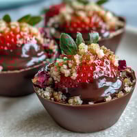 Luxurious dark chocolate cups filled with fresh strawberries and fragrant pistachio crunch, inspired by Dubai's flavors.