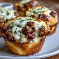 Golden mini shepherd's pies baked in muffin tins, featuring savory ground beef and vegetables topped with creamy mashed potatoes.