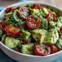 A vibrant cucumber tomato avocado salad with lemon dressing, showcasing colorful fresh vegetables and creamy avocado slices.  