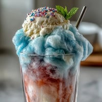 Whimsical cotton candy lemonade float with pink cotton candy, lemonade, and vanilla ice cream in a sprinkle-rimmed glass.