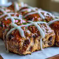 Soft, spiced Hot Cross Buns with orange glaze, currants, and a glossy finish for Easter brunch.