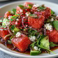 Fresh Watermelon and Arugula Salad with creamy feta, juicy watermelon, and a zesty lime dressing—perfect for summer meals.  