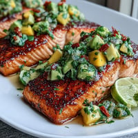 Baked salmon topped with vibrant mango avocado salsa, perfect for a healthy summer dinner.  