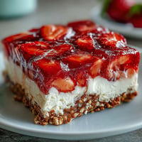 Memorial Day Strawberry Pretzel Salad dessert with creamy layers and ruby red fruit.