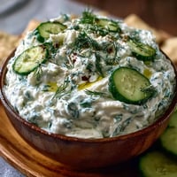 Creamy Greek Skyr Tzatziki dip with fresh cucumber, garlic, and dill.