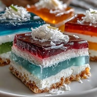 Vibrant rainbow agar-agar jelly cake with creamy coconut topping.